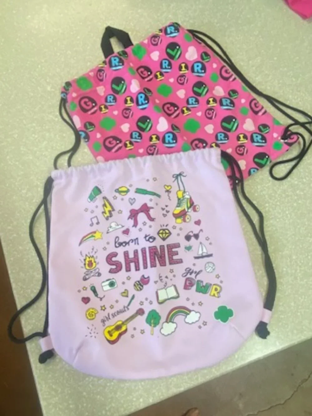 (2)   Girl Scouts Pink G.I.R.L. and 'Born to Shine' Drawstring Backpacks Cinch